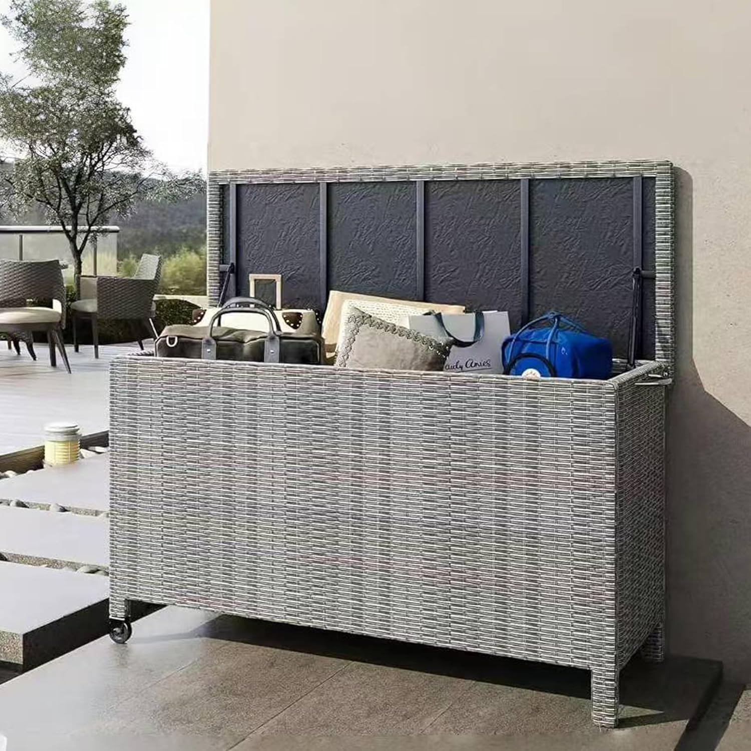 150 Gallon Rattan Deck Box, Outdoor Storage Box with Support Frame and 2 Wheels, Handle Large Waterproof Storage Box, Flip Top Deck Storage Box for Yard, Porch, Grey